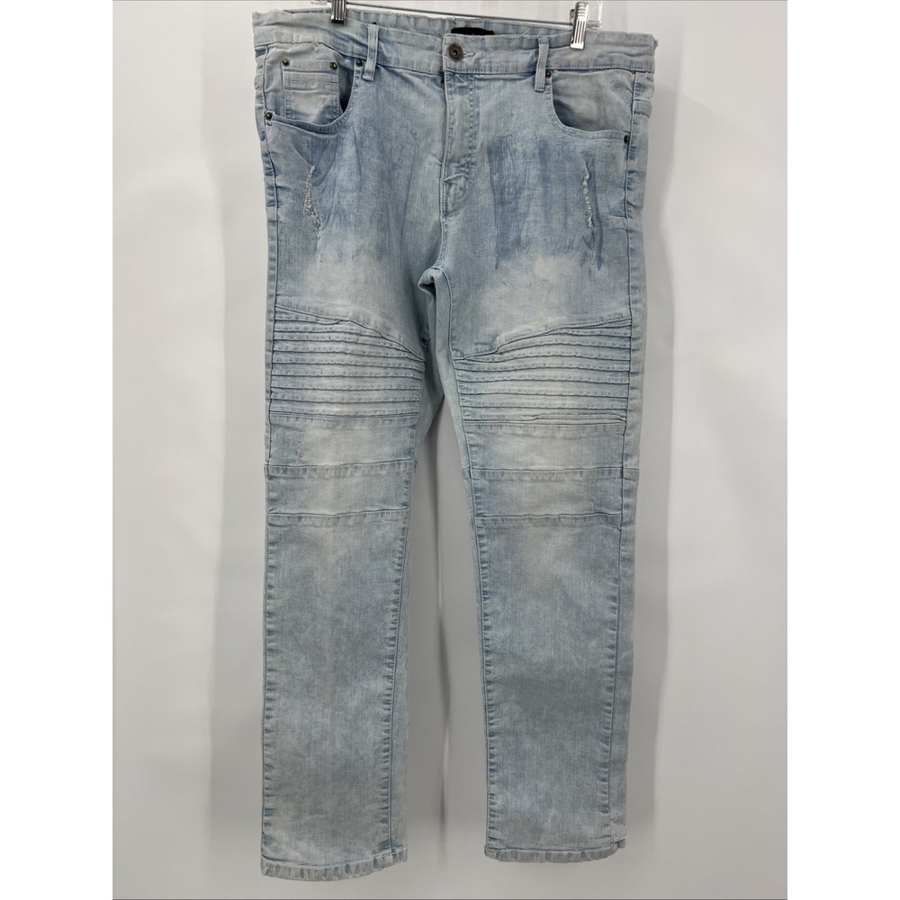 WT02 Jeans Mens 40x31 Blue Acid Wash Stretch Urban Streetwear Straight Fit Distr